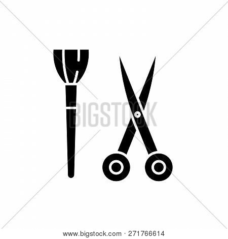 Scissors And Visagiste Brush Black Icon, Vector Sign On Isolated Background. Scissors And Visagiste 