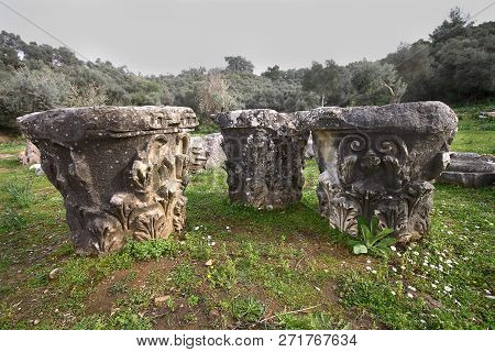 Ruined Walls Of Castle Over The Lake Bafa In A Nature Reserve Situated In Southwestern Turkey