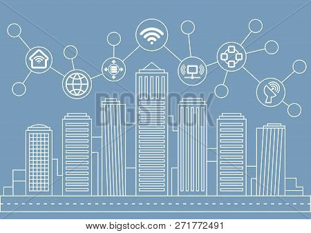Vector City Line Illustration On Blue Background With Icons