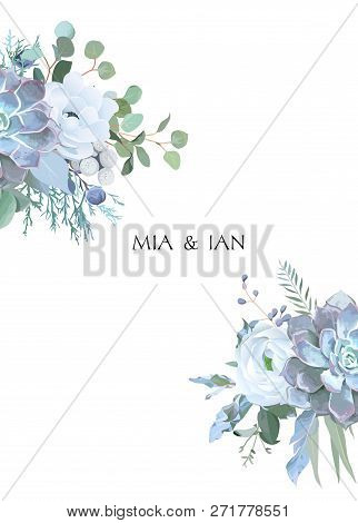 Dusty Blue And White Flowers, Ranunculus, Anemone, Eucalyptus, Juniper, Echeveria Succulent Vector D