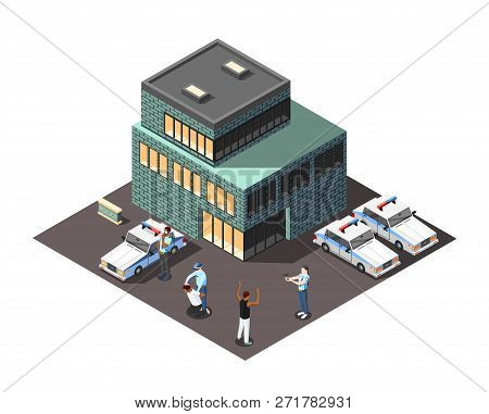 Scene Of Offenders Detention Near Police Station Building With Officers And Criminal Persons Isometr