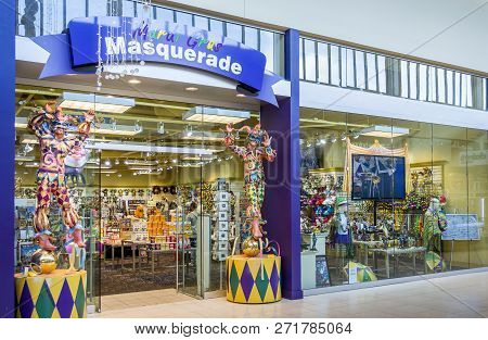 New Orleans, Usa - Dec 4, 2017: Entrance To The Mardi Gras Masquerade Store At The Outlet Collection