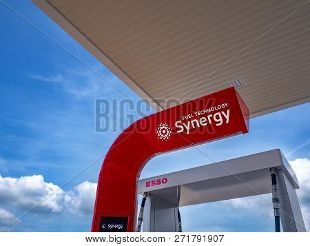 Thailand, Chonburi : In The Gas Station, Esso Brand ,esso Synergy Diesel Service Station Signage, On