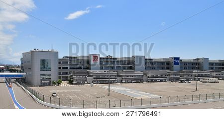 Sochi, Russia - June 2 2018. Rostrum Formula 1 Track In Olympic Park In Adler With Advertising Of Oi