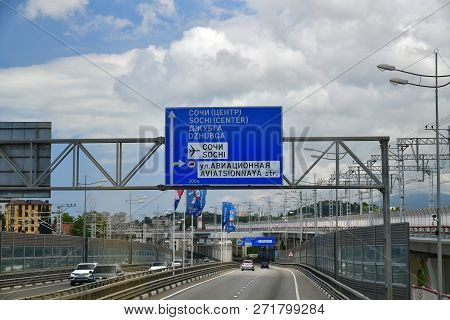 Sochi, Russia - June 2 2018. Road A-147 With A Road Sign Direction To The Airport And The Center Of 