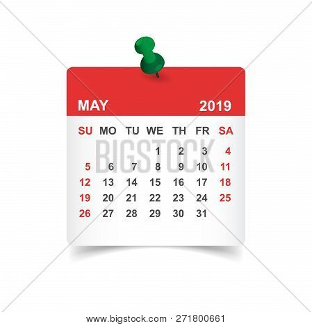 Calendar May 2019 Year In Paper Sticker With Pin. Calendar Plann