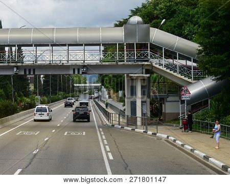 Sochi, Russia - June 2 2018. Overhead Pedestrian Crossing On The Highway A-147 From Adler To Sochi