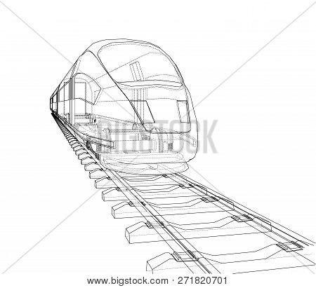 Modern Speed Train Concept. 3d Illustration. Wire-frame Style