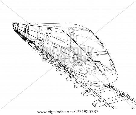 Modern Speed Train Concept. 3d Illustration. Wire-frame Style