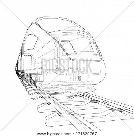 Modern Speed Train Concept. 3d Illustration. Wire-frame Style