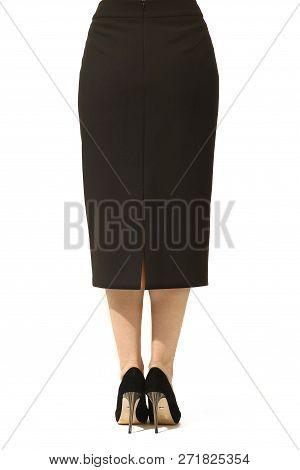 Black Official Skirt With Belt Cut Close Up Photo On Model In Hith Heels Isolated On White Back View