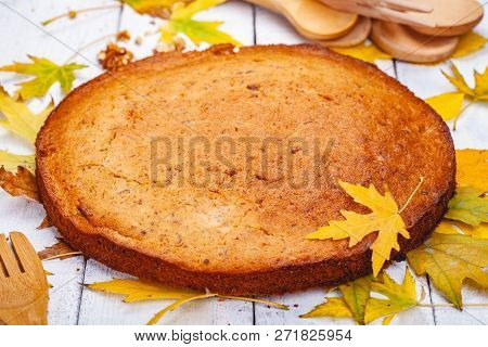Semolina Cake Or Manna Pie With Walnuts And Raisins On Wooden Rustic Table. Close Up