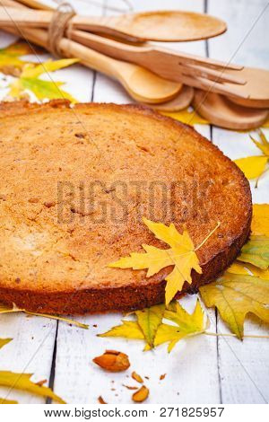 Semolina Cake Or Manna Pie With Walnuts And Raisins On Wooden Rustic Table. Close Up