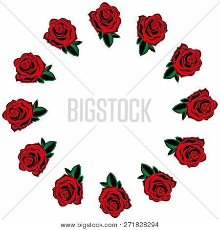 Rose Icon. Vector Of A Set Red Roses. Hand Drawn Red Roses Lined Around For A Greeting Card. Roses L
