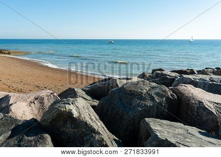 Saltdean Beach Seafront Cliffs With Boats In The Background At East Sussex Brighton Marina, Uk.