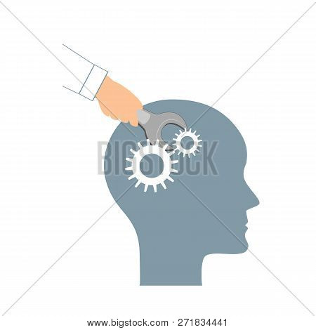 Nlp Or Neuro-linguistic Programming Concept. Open Human Head And A Hand With A Wrench. Manipulation,