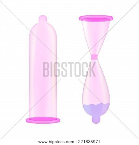 Pink Condoms Realistic On White Background. Used Condom Tied In A Knot. Disease Prevention And Birth