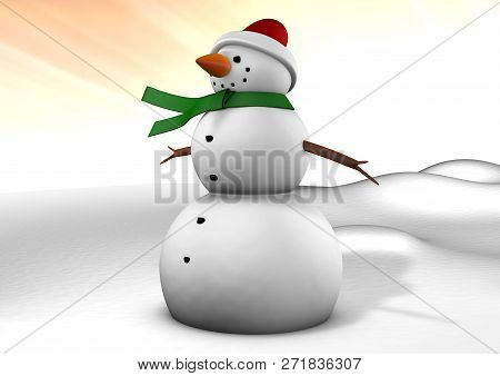 Cinema4d Illustration Of Snowman With Christmas Hat On With A Pink And Orange Afternoon Skiy In The 