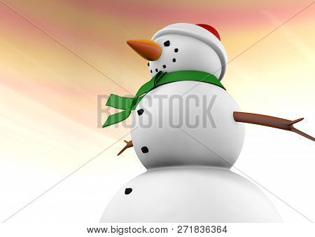 Cinema4d Illustration Of Snowman With Christmas Hat On With A Pink And Orange Afternoon Skiy In The 