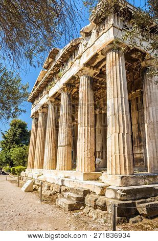 Temple Of Hephaestus In Athens, Greece. It Is One Of The Main Landmarks Of Athens. Scenic View Of An