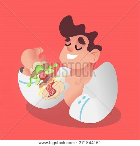 Man Eating Tasty Burger. Guy With Meal. What Is The Burger, Hamburger Recipe. Person Takes Pleasure 