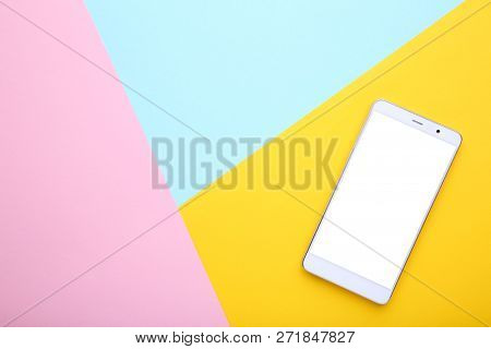 Mobile Phone With Blank Screen On Colorful Background. Smartfone White
