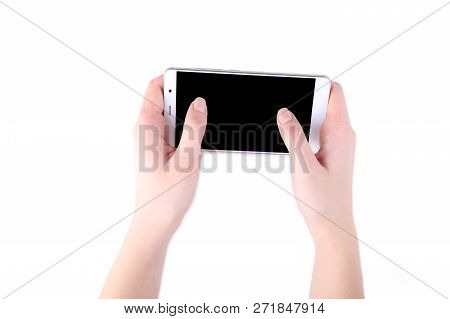 Female Hands Holding Mobile Phone With Blank Screen Isolated On White Background. Smartfone White