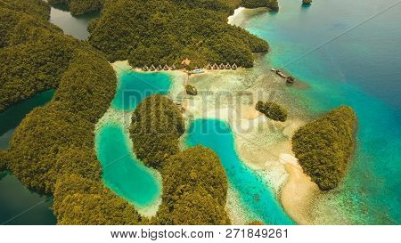 Aerial View: Bucas Grande Island, Sohoton Cove. Philippines. Tropical Sea Bay And Lagoon, Beach. Tro