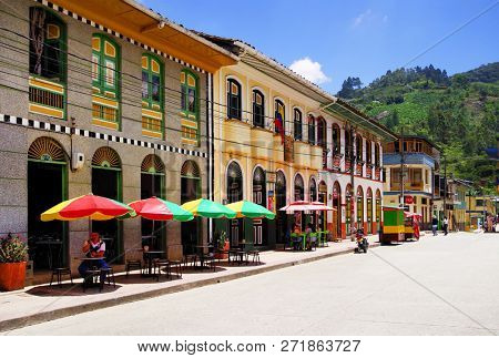 PIJAO, COLOMBIA - AUGUST 14, 2018: Street scene in Pijao, wellknown village in Colombia for coffee culture, South America