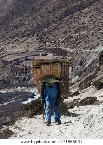 Dingboche, Nepal - January 13, 2017: Nepalese Porter Carrying A Heavy Load To The Pass In Sagarmatha