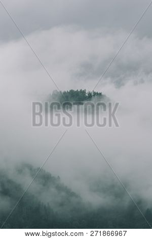 Thick Fog In Mountains With Copy Space On Mist. Vintage Foggy Landscape Of Majestic Nature In Faded 