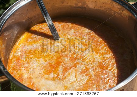 Stainless Steel Saucepan With Tripe Soup Closeup