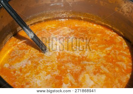 Stainless Steel Saucepan With Tripe Soup Closeup