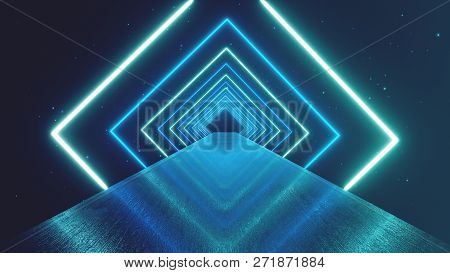 Abstract Motion Geometric Background, Glowing Neon Squares Creating A Rotating Tunnel, Blue Pink Pur