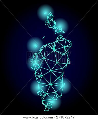 Glossy Polygonal Mesh Map Of Krasnoyarskiy Kray With Glow Effect. Abstract Mesh Lines, Triangles, Li
