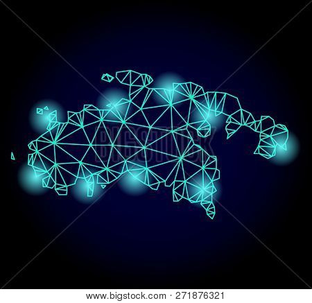 Glossy Polygonal Mesh Map Of Saint John Island With Glare Effect. Abstract Mesh Lines, Triangles, Li