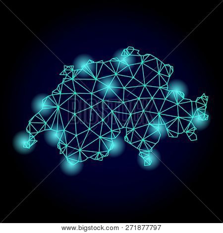 Glossy Polygonal Mesh Map Of Switzerland With Glow Effect. Abstract Mesh Lines, Triangles, Light Spo