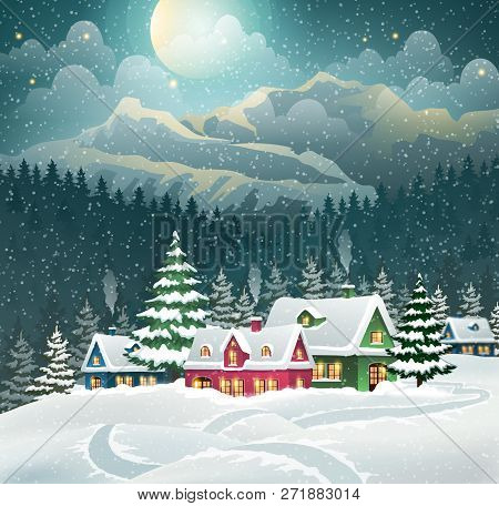 Evening Village Winter Landscape With Snow Covered Houses And Mountains. Christmas Holidays Vector I