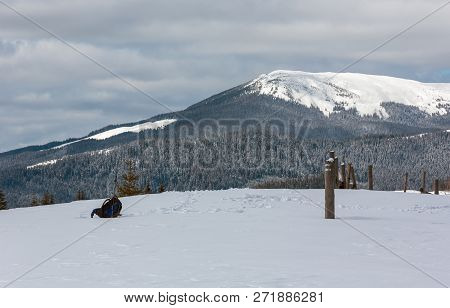 Picturesque Winter Sunny Day Carpathian Mountain View From Skupova Mountain Slope, Ukraine.