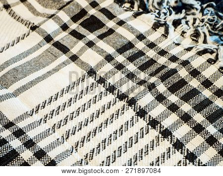 Arafat Scarve. Weaved Texture Of A Material. Linen Natural Fabric, Square Pattern, Close Up. Silk Pa