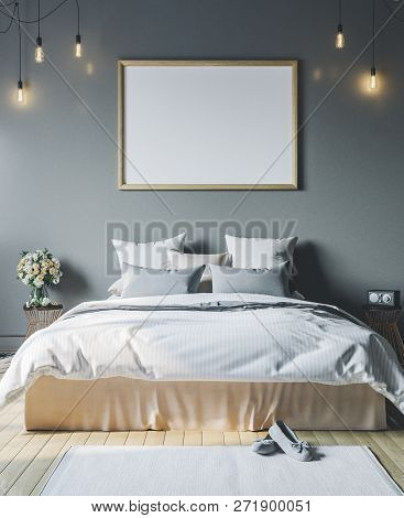 Frame Mockup In Interior. Cozy Bedroom With Empty Poster Frame.