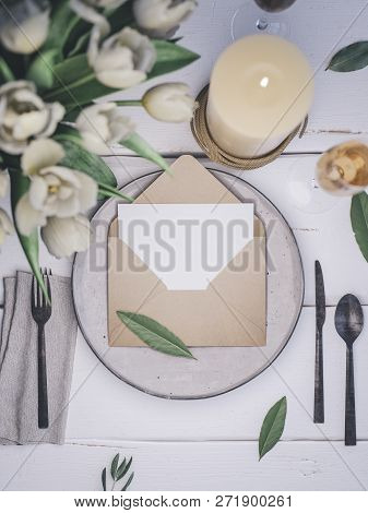 Place Card Mockup. Envelope With An Elegant Wedding Invitation
