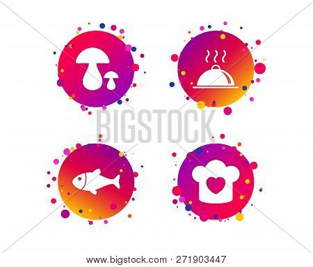 Chief Hat With Heart And Cooking Pan Icons. Fish And Boletus Mushrooms Signs. Hot Food Platter Servi