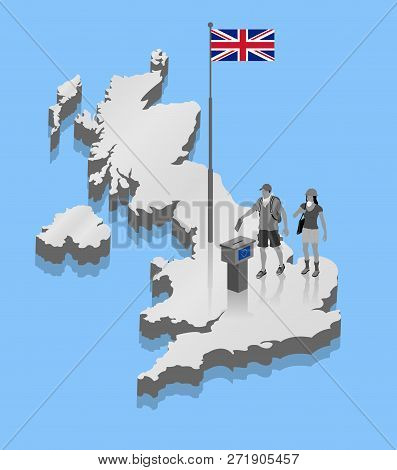 British Protesters Are Voting For Brexit Over United Kingdom Map. All The Objects, Shadows And Backg