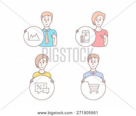 People Hand Drawn Style. Set Of Diagram, Contactless Payment And Discounts Icons. Market Sale Sign. 