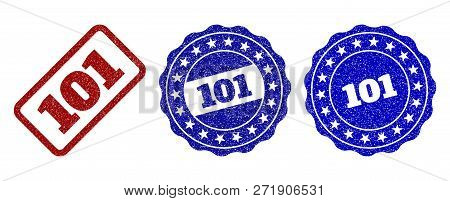101 Grunge Stamp Seals In Red And Blue Colors. Vector 101 Imprints With Grunge Surface. Graphic Elem
