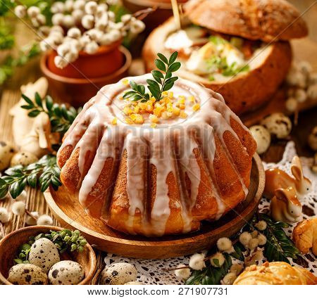 Easter Yeast Cake With Icing And Candied Orange Peel, Delicious Easter Dessert, Traditional Easter P