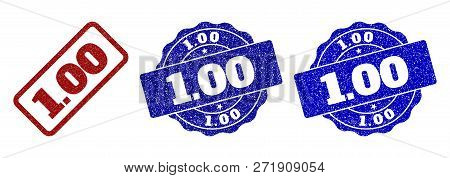1.00 Grunge Stamp Seals In Red And Blue Colors. Vector 1.00 Watermarks With Grunge Effect. Graphic E