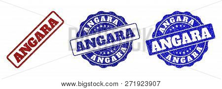 Angara Scratched Stamp Seals In Red And Blue Colors. Vector Angara Watermarks With Scratced Style. G