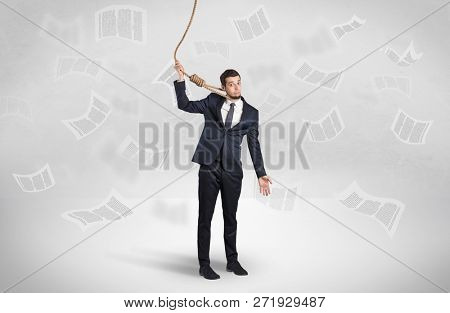 Young burnout businessman with flying documents concept